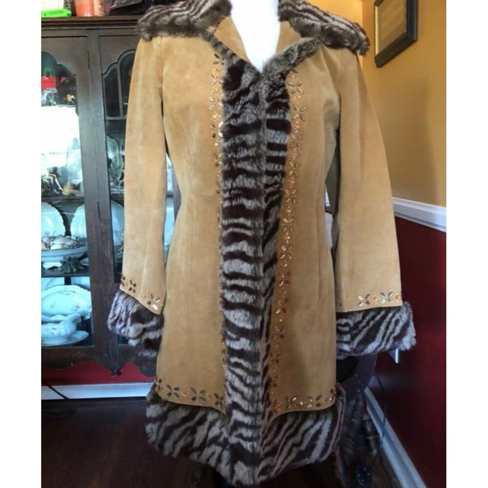VTG 70s Suede Shearling Faux Fur Coat Jewel Trim Zebra Penny Lane Sz 12 Large